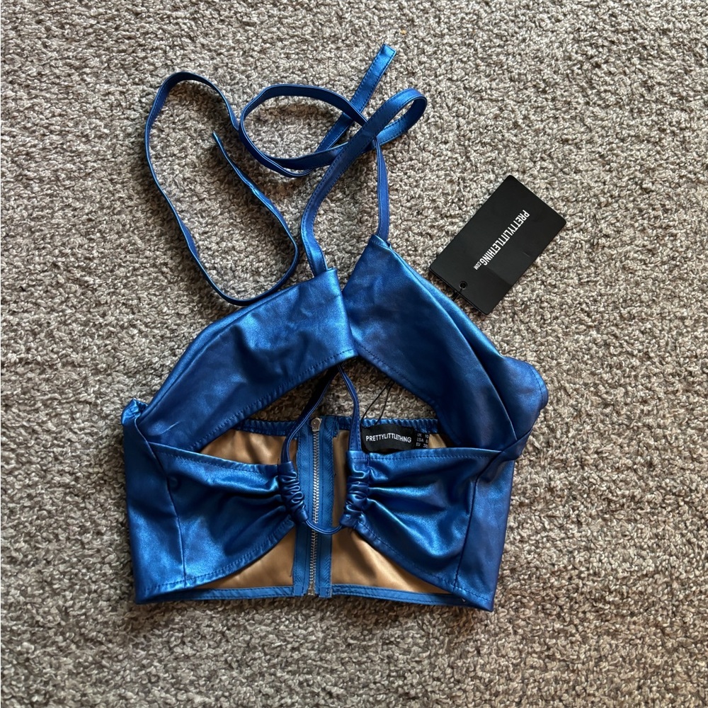 PLT blue metallic crop top cut out top